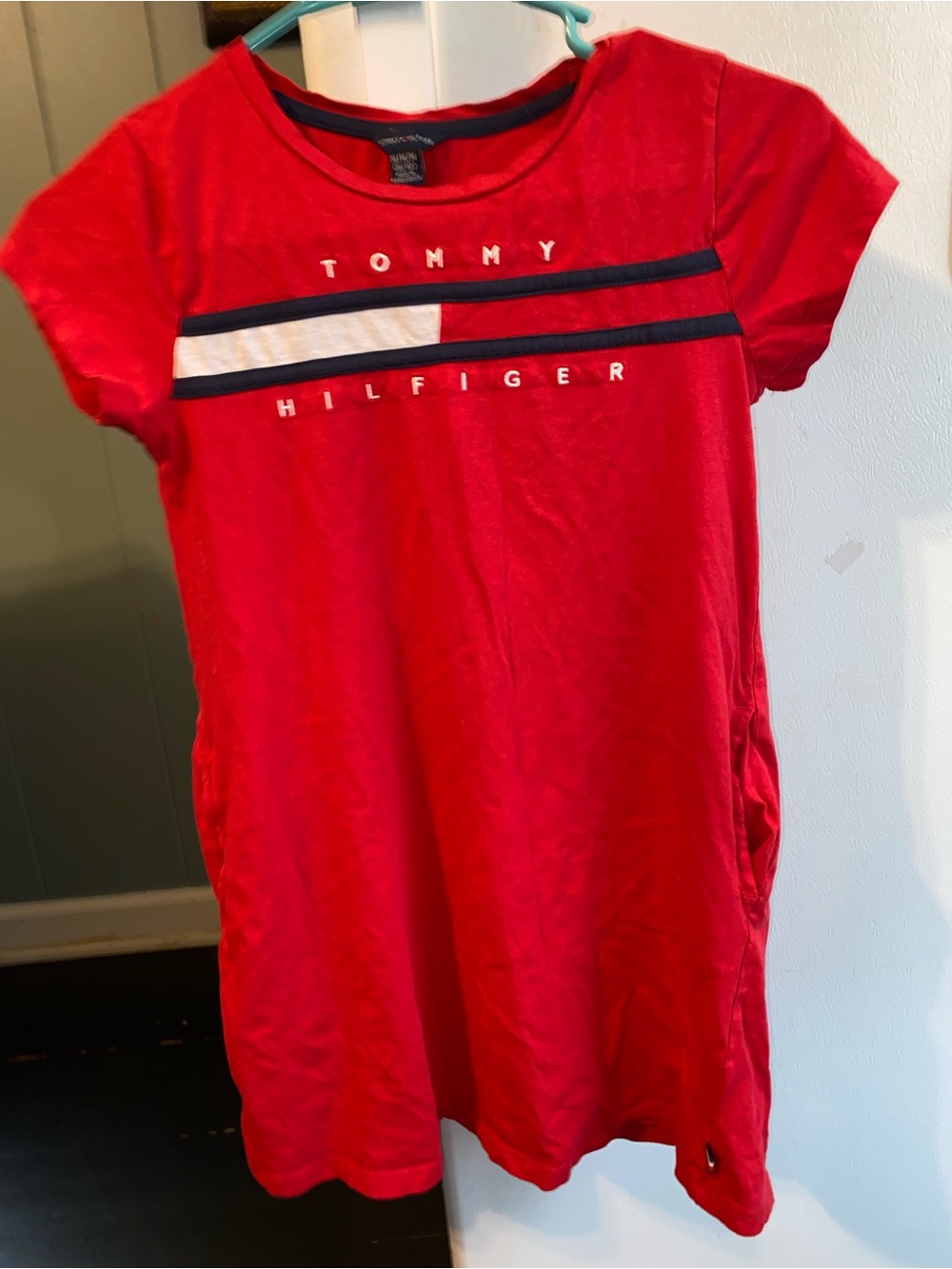 Girls Tommy Hilfiger Red Tee shirt dress with Navy & White Stripe